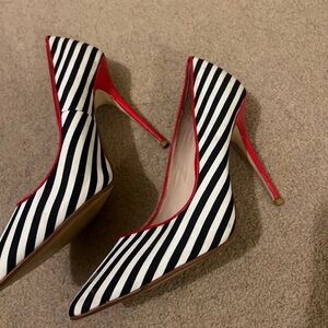 Elegant Striped Heels with Red Trim